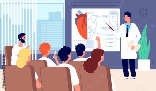 Medical conference. Doctor showing heart, physician training. Lecture, students classroom seminar. Cardiac surgery meeting vector concept. Illustration doctor lecture, healthcare organ heart