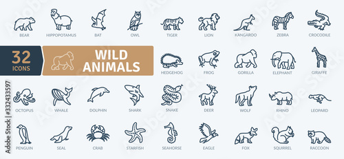 Wild Animals Icons Pack. Thin line creature icons set. Flaticon collection set. Simple vector icons photo