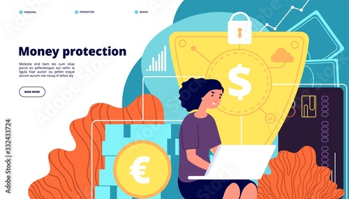 Money protection. Financial security, business deposit safety. Secure banking service, cash and online payment protect vector landing page. Money protection online, financial security