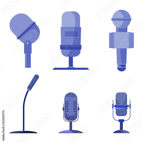 Set of blue chromatic microphone on white background. Modern microphone vector collection.
