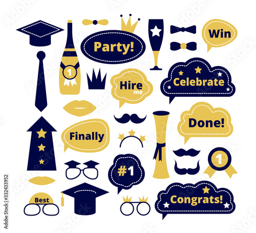 Graduation photo booth. School party props. Graduate funny sticker, speech bubbles. Isolated selfie decoration, congrats students vector set. Student graduate photo elements, education illustration