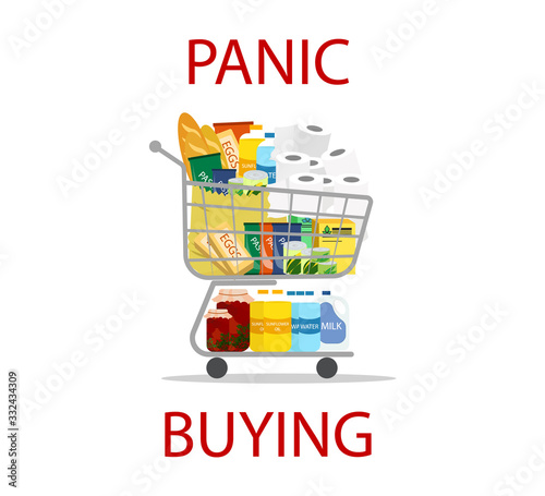 Full grocery cart. Illustration calling to stop a panic in a supermarket. Coronavirus panic in the store. Coronavirus outbreak, Covid-19 panic concept buying grocery,Stop panic.