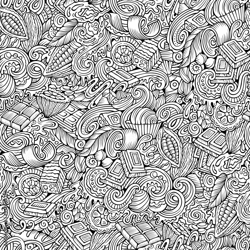 Fototapeta premium Chocolate hand drawn doodles seamless pattern. Cocoa vector illustration.