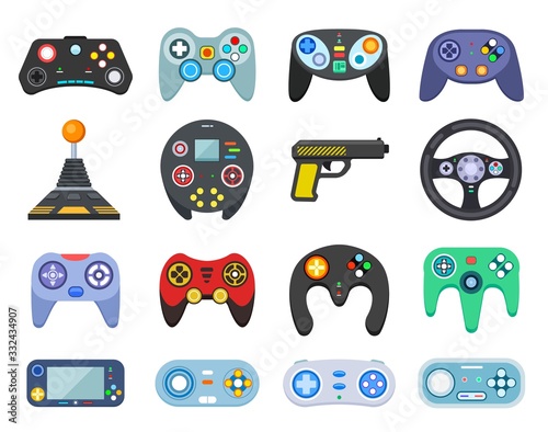 Game console. Vintage playing joystick, gamer device. Gaming player, joy video games gadget. Isolated entertainment controllers vector icons. Play gadget, gamer joystick, device illustration