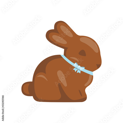 Cartoon cute chocolate easter bunny with blue bow, vector illustration