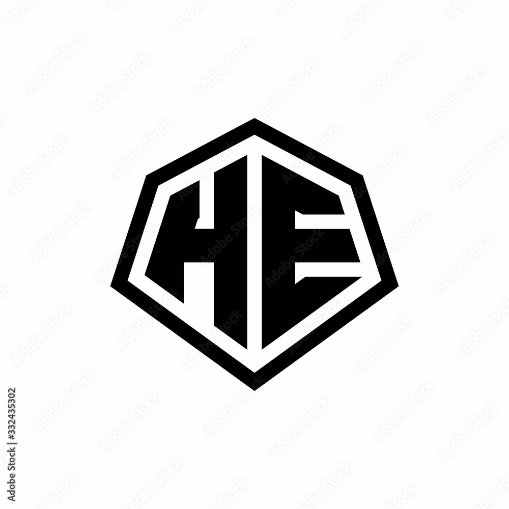 HE monogram logo with hexagon shape and line rounded style design template