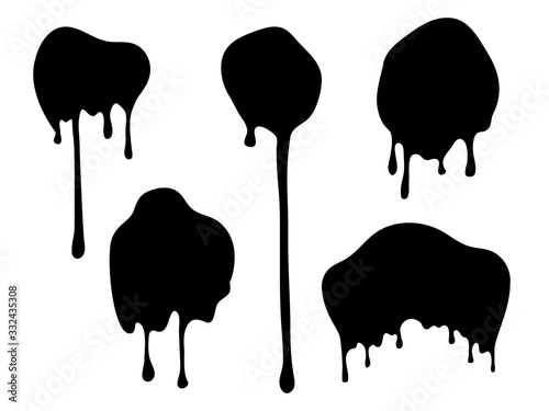 Dripping blobs. Black ink drops. Flat paint spots. Isolated flow oil or dark slime vector illustration. Blob splash, splatter drip paint oil