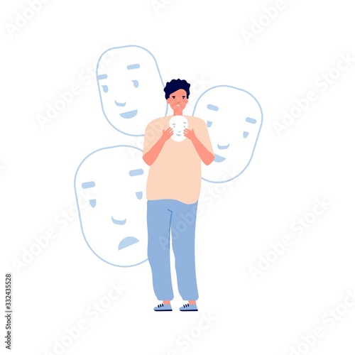 Identity problems. Bipolar disorder, fake faces and emotions. Psychology, false behavior or deceiver. Man holding masks, theater and film actor vector illustration. Mental problem schizophrenia