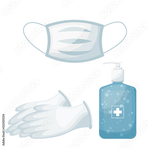 Personal hygiene set, facial mask with medical gloves and hand sanitizer. vector illustration