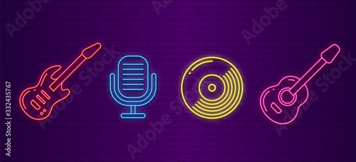 Music icons. Neon musical instruments signs. Guitars, microphone and cd disc light glow symbols for media, karaoke bar, festival awards vector set. Neon music instrument, musical electric illustration
