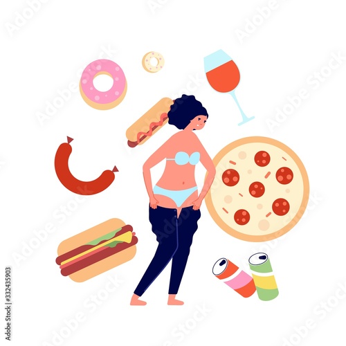 Overeating. Fast food addiction, nutrition problems consequences. Burger and sweets unhealthy dishes. Female overweight, obesity vector concept. Illustration burger food, unhealthy and fatty