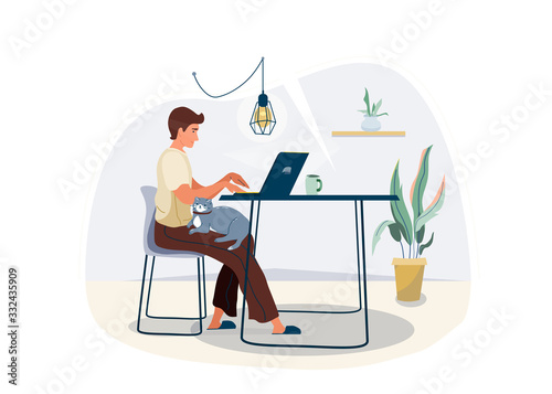 Work at home concept design. Freelancer man working on laptop at his house and keep cat pet on his knees. Vector illustration isolated on white background