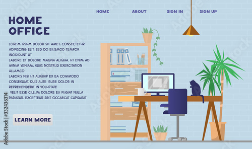 Home office interior with desk, computer, cupboard, plants and cat. Web page template. Work place illustration. Flat vector.