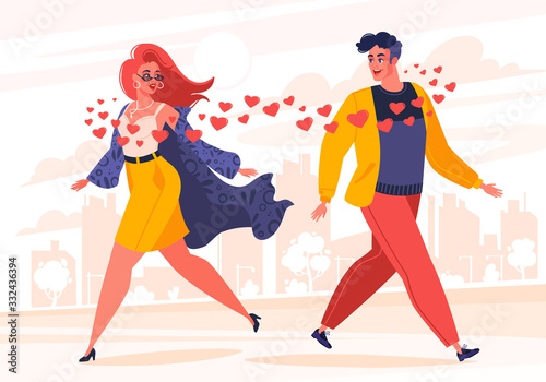 Man and woman fallen in love. Love at first sight. Flat cartoon style. Saw each other on the city street. Vector illustration with hearts and stylish modern character on love and relationship theme.