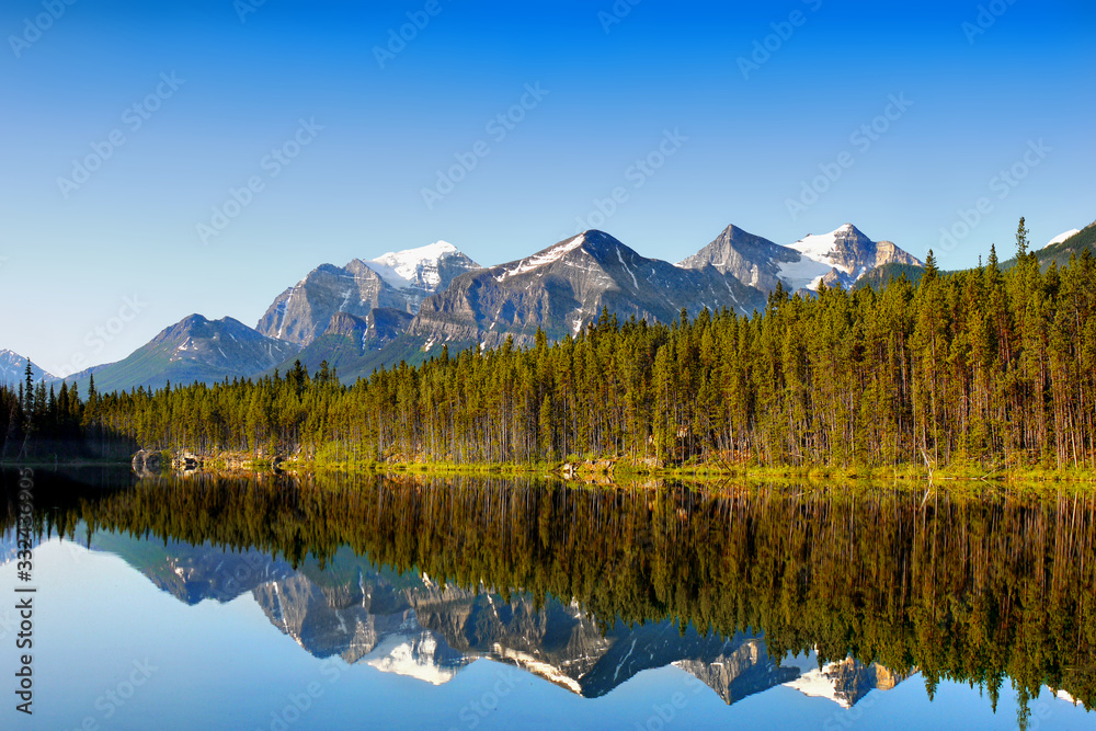 Scenic mountain lake and forest, reflection in water, high mountains Canada