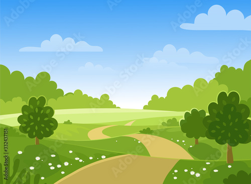 Spring trees on the farm. Green hills and meadows  blue sky with clouds  flowers and trees. Card with spring or summer landscape. Flat vector illustration