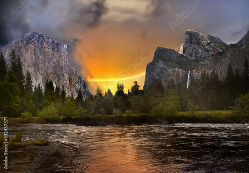 Sunset in mountains Yosemite Valley river reflection