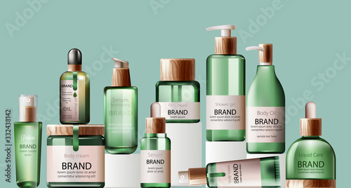 Set of various health care and spa green bottles. Body oil, lotion, serum, sh...