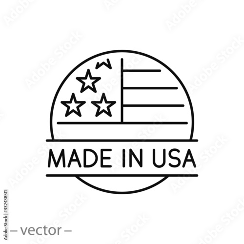 made in usa icon, quality american stamp, label flag manufactured america, thin line web symbol on white background - editable stroke vector illustration eps10