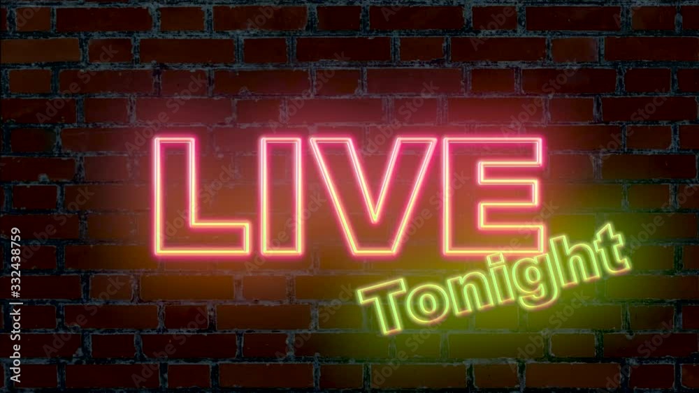 Illuminated text Live tonight in pink and yellow color with red brick wall in background,tv show Illuminated text Live tonight in pink and yellow color with red brick wall in background,tv show
