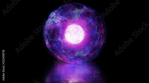 3D rendering ball of energy and plasma in the core of the reactor. Thermonuclear fusion with pulsating plasma flows. Bright background for presentations and information panels photo