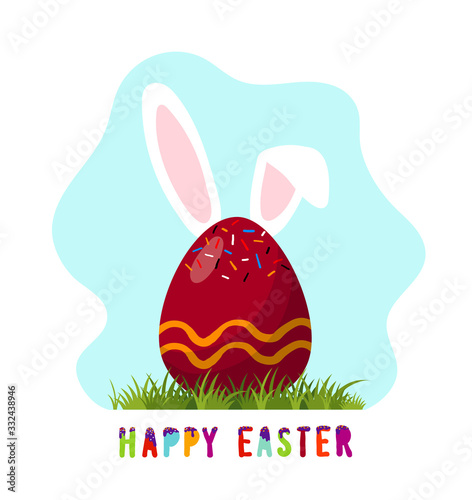 Easter card with chocolate egg and bunny ears. Blank for design, flyer, advertisement. Modern simple flat cartoon design. Vector illustration isolated on white background.