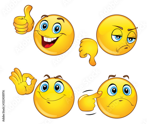 Set of beautiful emoticons with hand gestures. Emoji icons. Positive and negative emotions. 3d vector illustration