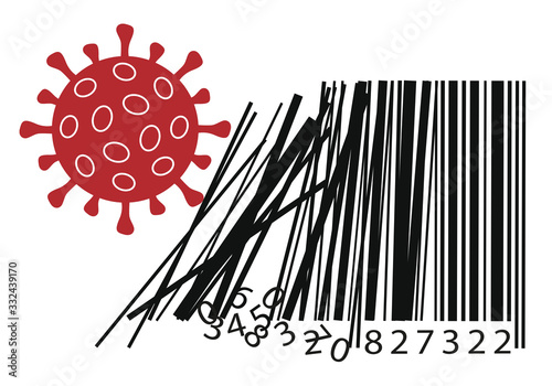 Concept de la crise économique avec un code barre qui vol en éclat face à l’épidémie de Coronavirus, provoquant l’effondrement du commerce international.