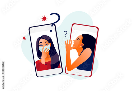 2019-ncov quarantine. Two girls gossiping. Smartphone screen. Sad woman in protective mask. Doubts, problems, thoughts, emotions. Frightened women. Vector illustration. Coronavirus panic. 
