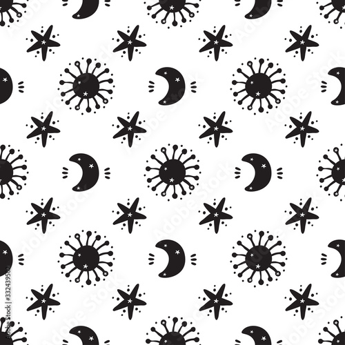 Space Vector Seamless pattern. Doodle Cosmic Space: Sun, Moon (Crescent), Stars. Cosmos Background. Cartoon Galaxy. © AllNikArt