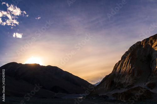 Amazing scenic view of high mountain against the background of sky with clouds in Ladakh, India. © pjjaruwan