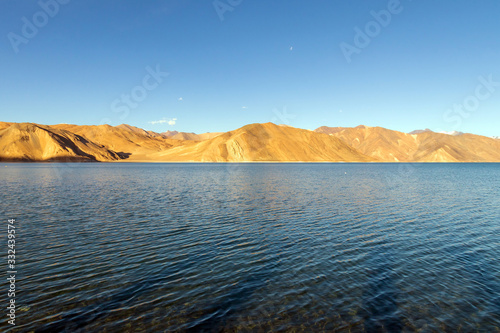 Beautiful landscape of Pangong Tso is an endorheic lake in the Himalayas situated at a height of about 4,350 m. It is 134 km long and extends from India to Tibet in Ladakh, India