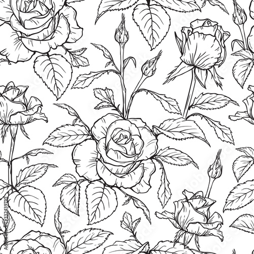 Vector Flowers and Leaves Seamless Pattern. Hand drawn Branches of Rose Flower Sketch. Beautiful Bouquet of Summer garden flowers. Floral Background. Plants Wallpaper