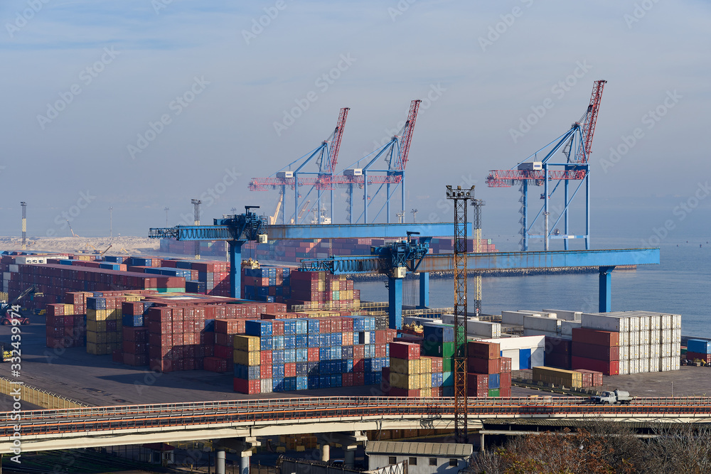 Cargo port cranes. Foggy. Odessa.