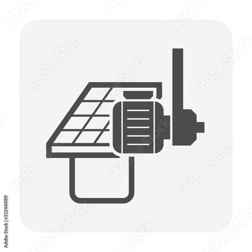 Water pump icon. Consist of centrifugal pump, pipe and solar panel. Powered by electric motor with solar energy. To produce flow and pressure, distribution and supply water for plumbing, irrigation.