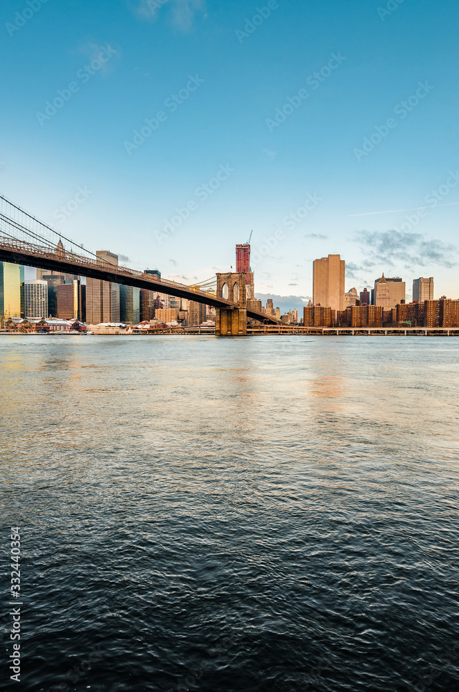 Manhattan Skyline from Pebble Beach in Brooklyn, United States.