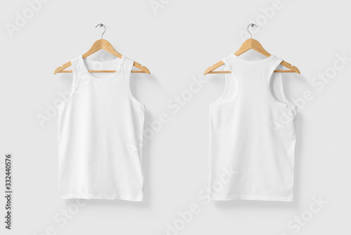 Fototapeta Blank White Tank Top Shirt Mock-up on wooden hanger, front and rear side view