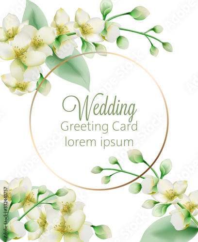 Watercolor green jasmine flowers banner with place for text