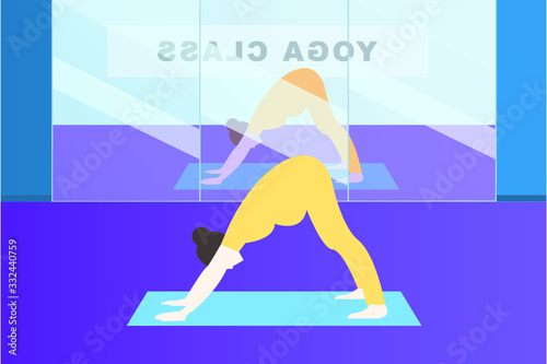 Vector illustration with pregnant woman doing yoga Pregnant girl is standing in asana in yoga class