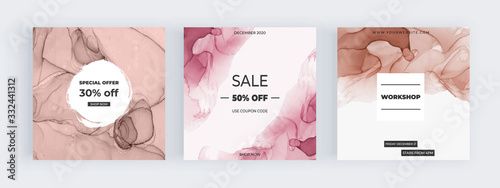 Social media banners with alcohol ink hand painted background. Fluid art painting design. Modern neutral design for flyer, poster, card