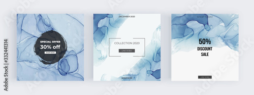 Social media banners with blue alcohol ink hand painted background. Fluid art painting design. Modern neutral design for flyer, poster, card photo