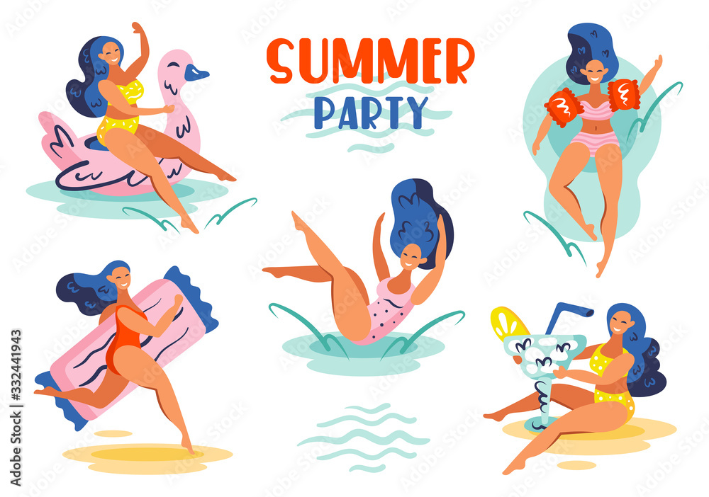 Summer party. Set of young smiling girls with blue hair in swimsuits . Summer seaside beach pool party. Flat colourful vector illustration icon sticker isolated on white background.