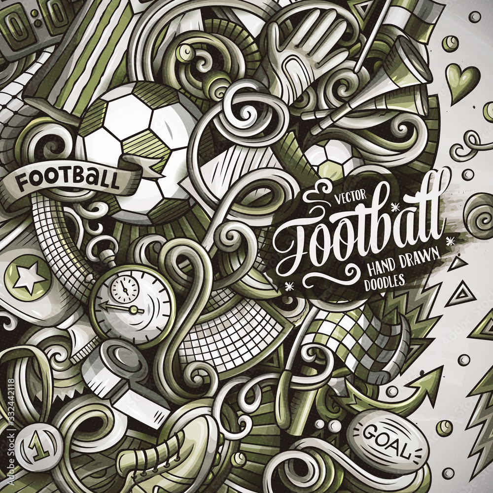 Naklejka premium Cartoon vector doodles Soccer frame. Graphics football funny border
