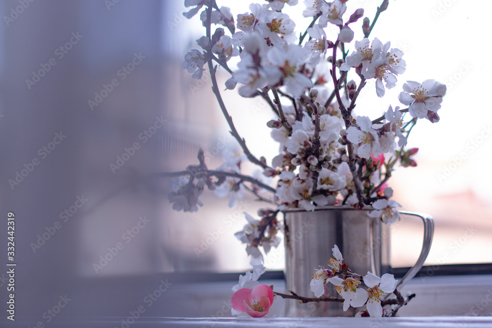 Plum blossom tree branches in metal mug. Romantic beautiful background. Springtime concept. 