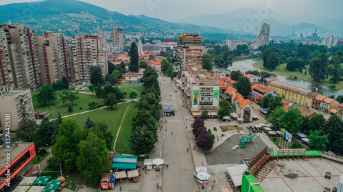 Aerial view of downtown Zenica at sunset, Bosnia. City photographed by drone, traffic and objects , landscape