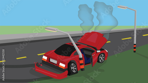 Damage of red car crash pole light accident cannot drive. There was steam coming out of the radiator.The front and beside is severely damaged. The equipment is broken.