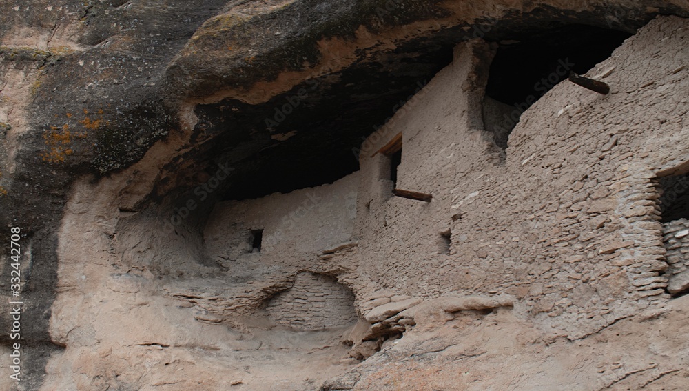 Looking at Gila Cliff Dwellings in New Mexico. Homes built inside shallow caves