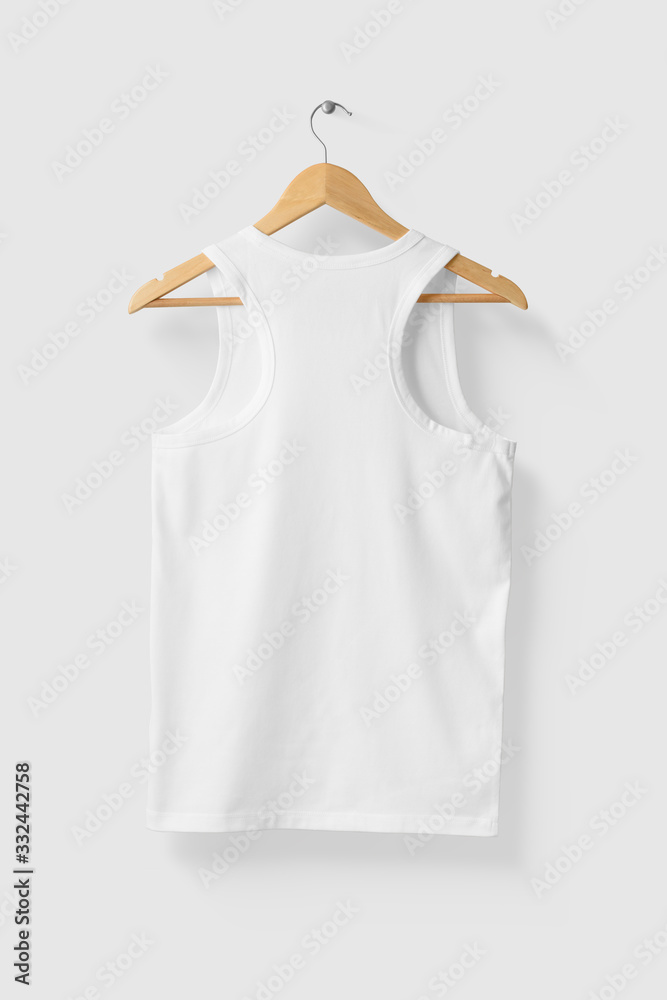 Blank White Tank Top Shirt Mock-up on wooden hanger, rear side view. High resolution. Blank White Tank Top Shirt Mock-up on wooden hanger, rear side view. High resolution.