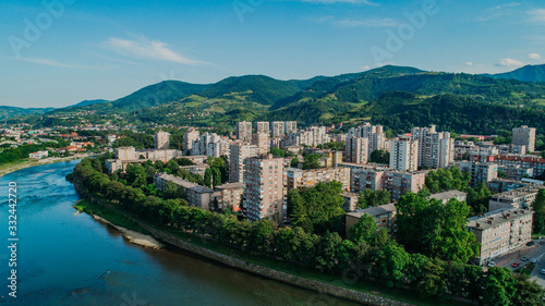 Aerial view of downtown Zenica at sunset, Bosnia. City photographed by drone, traffic and objects , landscape