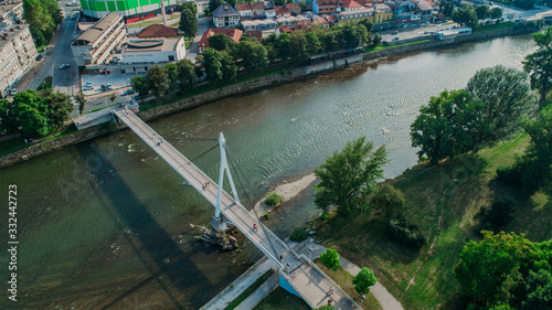 city photographed from air by drone. Old balkan buildings and communism type of architecture. Zenica - Bosnia and Herzegovina